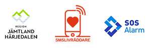 Logotyper för Region Jämtland Härjedalen, sms-livräddare och SOS Alarm