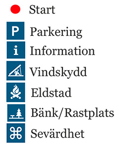 Bilden visar kartans piktogram med beskrivning. Röd prick – Start.P - Parkering. i – Information.Person under snett tak – Vindskydd.Eld – Eldstad.Bänk och ett träd - Bänk/rastplats. En krummelur – Sevärdhet.