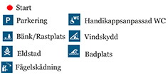 Bilden visar kartans piktogram med beskrivning. Röd prick – Start.P - Parkering. Eld – Eldstad.Bänk och ett träd - Bänk/rastplats. Personer med kikare – Fågelskådningsplats.Person i rullstol och WC – Handikappstoalett.Person under snett tak – Vindskydd.En simmande människa - Badplats.