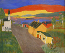 Oljemåning föreställande en väg som går genom en by med gula hus och en vit kyrka i ett landskap med gräs, träd en sjö och berg i bakgrunden.