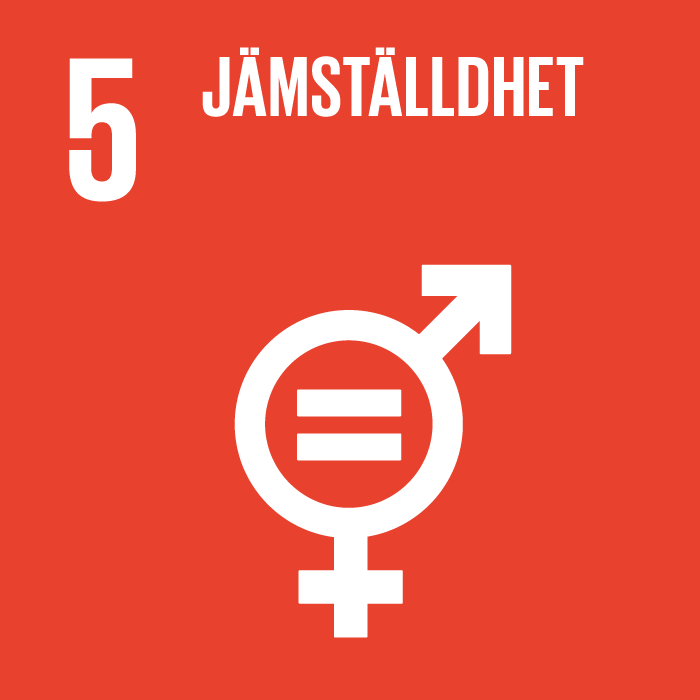 Ikon för FN:s Agenda 2030-mål 5 Jämställdhet. Bilden visar en tolkning av könssymbolerna för man och kvinna med ett likhetstecken i mitten.