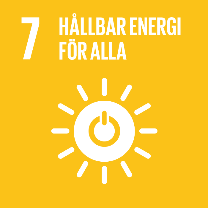 Ikon för FN:s Agenda 2030-mål 7: Hållbar energi för alla. Bilden visar en sol med en strömknapp i mitten.