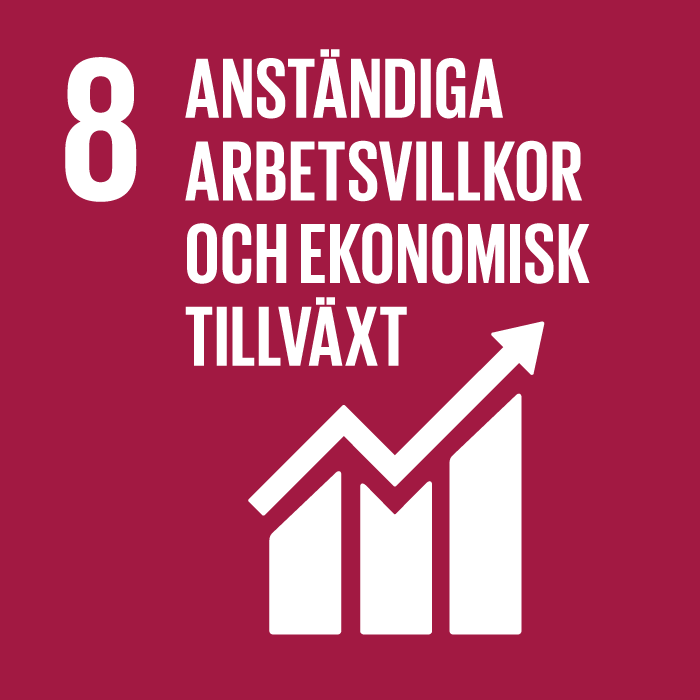 Ikon för FN:s Agenda 2030-mål 8: Anständiga arbetsvillkor och ekonomisk tillväxt. På bilden syns diagramstaplar med en pil snett uppåt som symboliserar tillväxt.