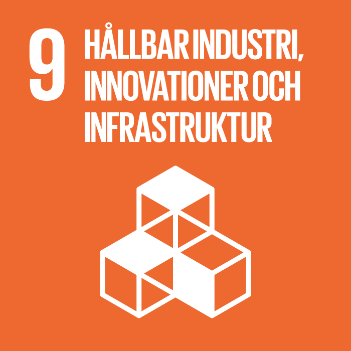 Ikon för FN:s Agenda 2030-mål 9: Hållbar industri, innovationer och infrastruktur. Bilden visar tre byggklossar.