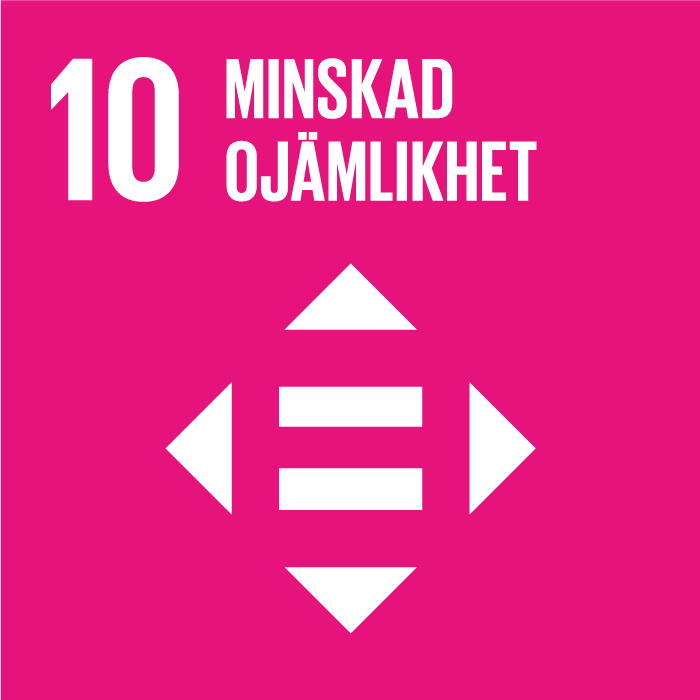 Ikon för FN:s Agenda 2030-mål 10: Minskad ojämlikhet. Bilden visar ett likhetstecken som omges av fyra pilar som pekar uppåt, nedåt, till höger och till vänster.