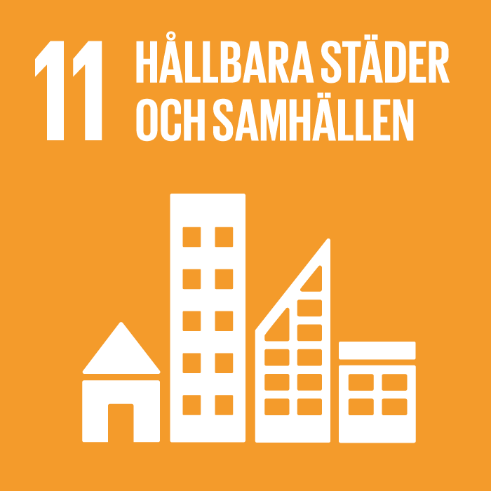 Ikon för FN:s Agenda 2030-mål 11 Hållbara städer och samhällen. Bilden visar fyra olika byggnader på rad: villa, lägenhetshus, skyskrapa och industri- eller garagebyggnad.