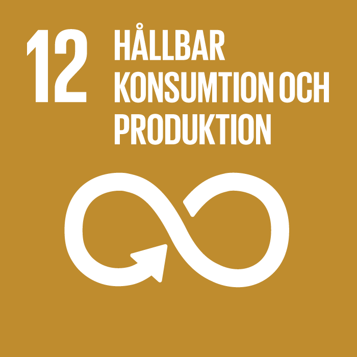 Ikon för FN:s Agenda 2030-mål 12 Hållbar konsumtion och produktion. Bilden visar ett evighetstecken med en pil mot tecknets mitten.