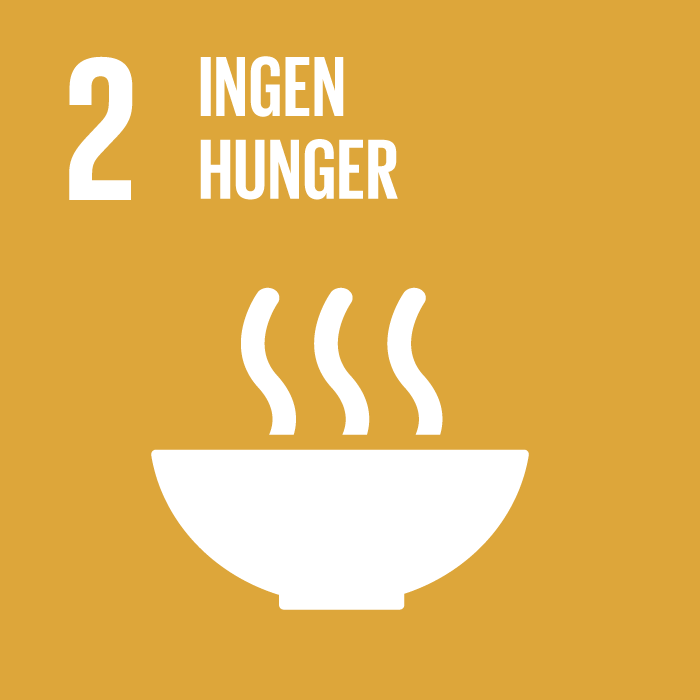Ikon för FN:s Agenda 2030-mål 2: ingen hunger. Bilden visar en skål med ångande varm mat.