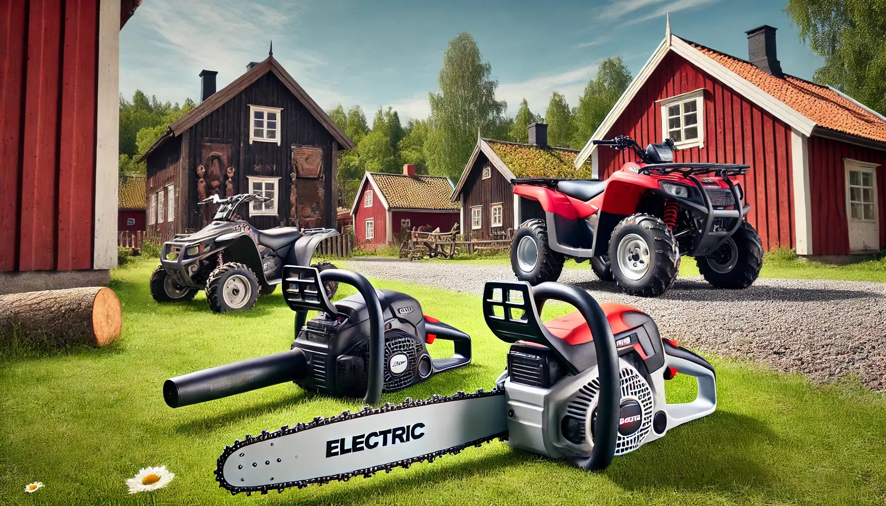 AI-bild på fossilfria redskap och arbetsfordon i en lantlig gårdsmiljö. Två fyrhjulingar, en lövblås och en motorsåg med texten "electric" på.