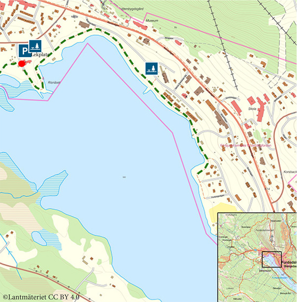 Karta över Funäsdalen men strandpromenaden utritad.