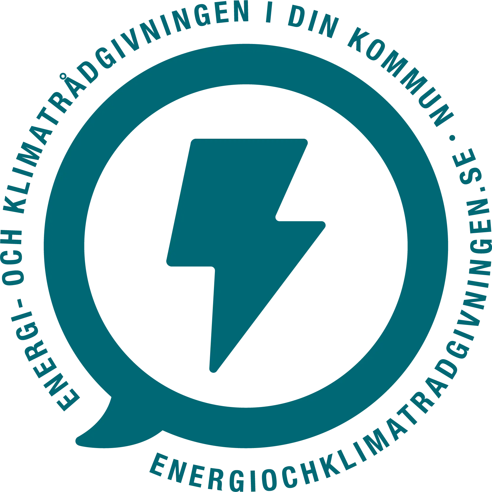 Bilden visat energi och klimatrådgivningens stämpel, en blixt inuti en cirkel. Runt cirkeln går det att läsa adressen till den nationella webbsidan för energi och klimatrådgivningen: "energiochklimatradgivningen.se"