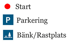 Bilden visar kartans piktogram med beskrivning. Röd prick – Start.P - Parkering. Bänk och ett träd - Bänk/rastplats.
