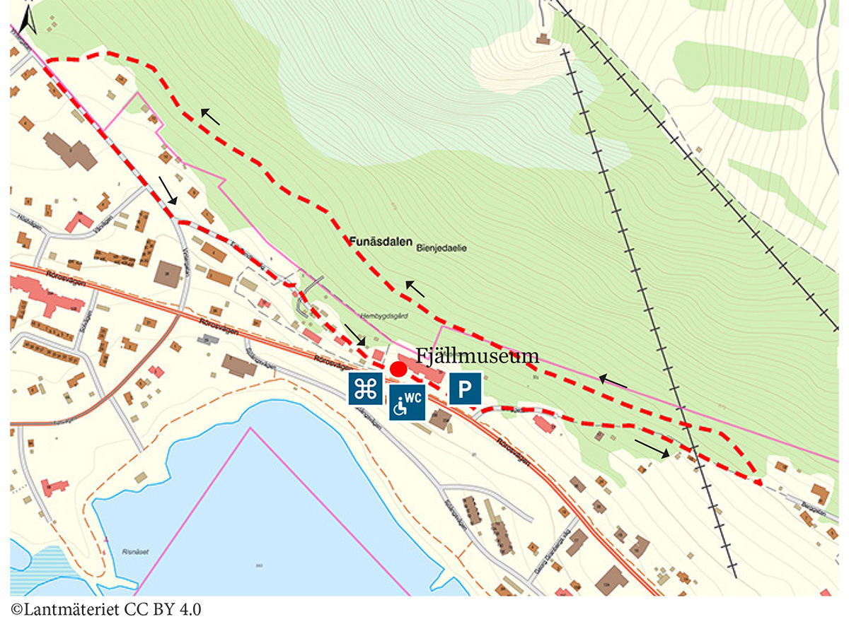 Karta över Funäsdalen med bergsslingan utmärkt.