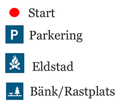 Bilden visar kartans piktogram med beskrivning. Röd prick – Start. P - Parkering. Bänk och ett träd - Bänk/rastplats. Eld – Eldstad.