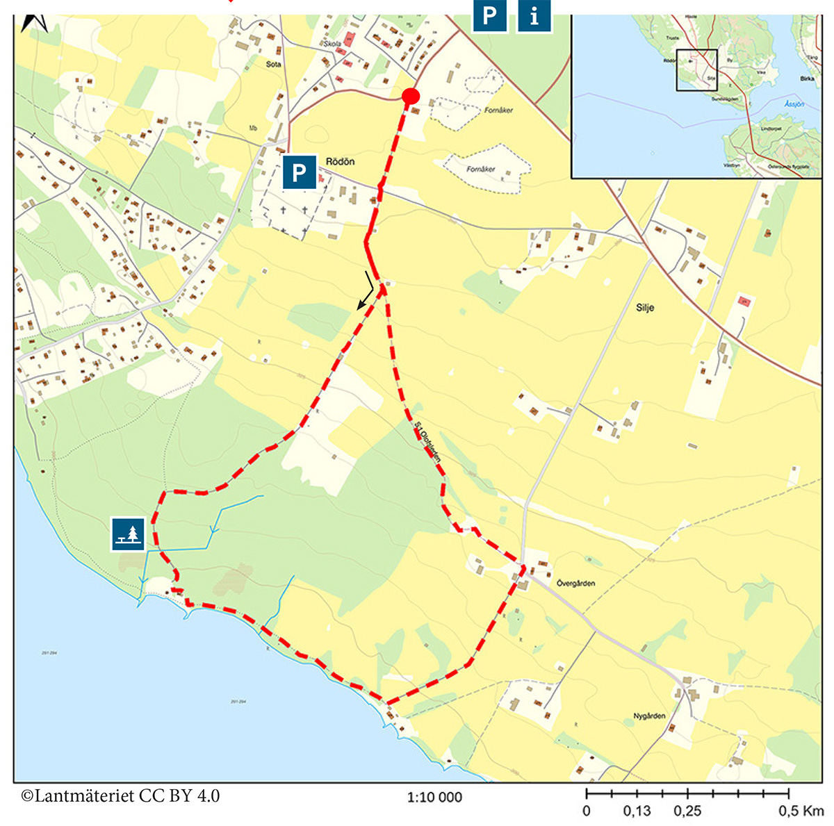 Karta över en bit av Rödön. Med markeringar var hälsoslingan går.