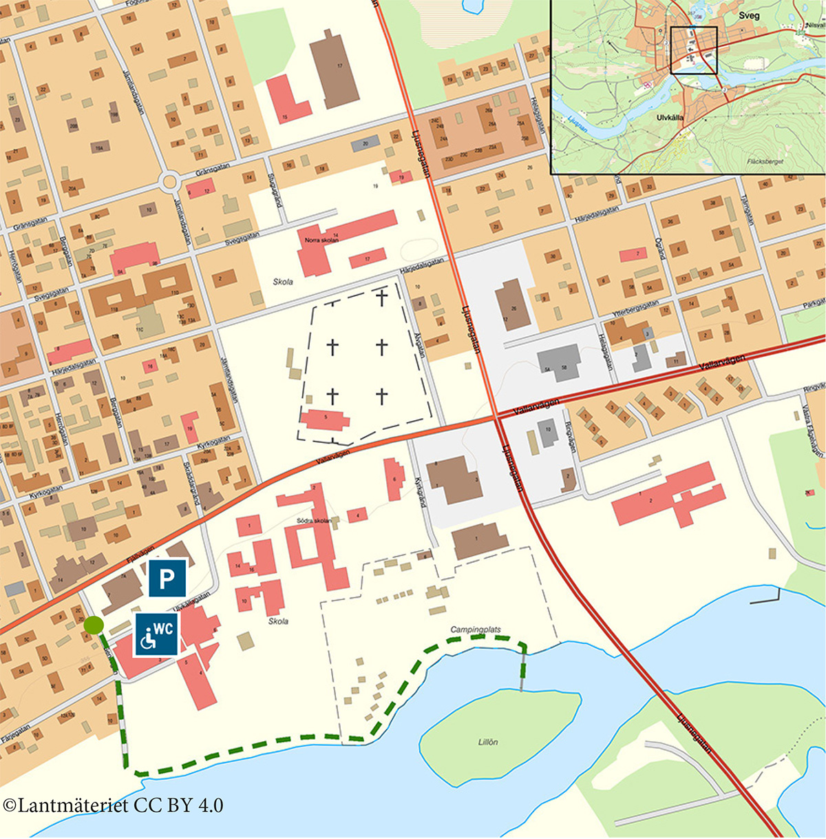 Kartbild över Sveg med ett promenadstråk utritat.