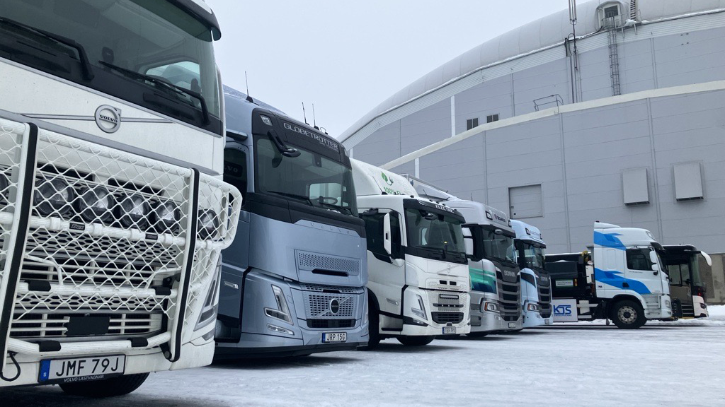 Fronterna på flera lastbilar som står uppställda bredvid varandra.