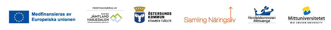 Logotyper från organisationerna EU/ESF, Region Jämtland Härjedalen, Mittuniversitetet, Handelskammaren Mittsverige, Samling Näringsliv, Östersunds kommun