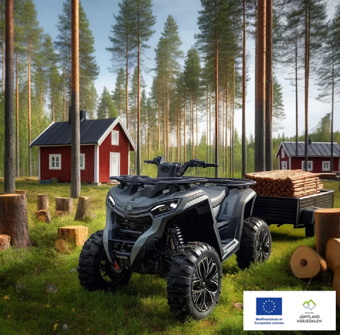 AI-genererad bild på en elektrifierad fyrhjuling i en skog. I bakgrunden syns en röd stuga med vita knutar. 
