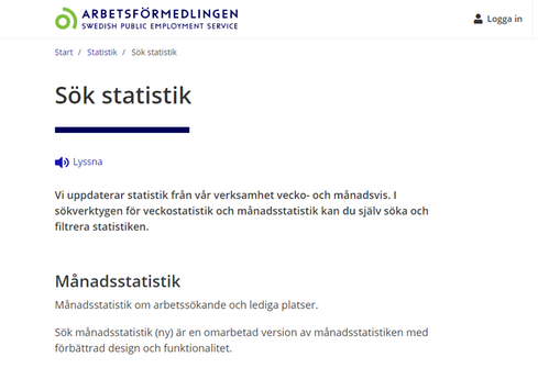 Bild arbetsförmedlingens hemsida om statistik