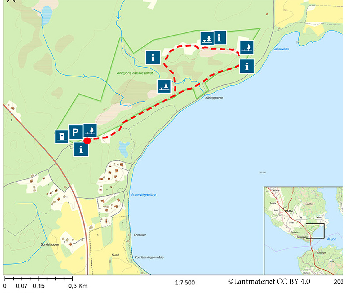 Karta där vandringsleden Vikekärret på Rödön är utritat.