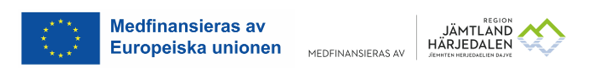 Bilden visaer EU-flaggan med texten "Medfinansieras av Europeiska unionen" i blått samt region Jämtland Härjedalens logotype två gröna fjäll med grå spegelbild samt texten "Medfinansieras av Region Jämtland Härjedalen Jiemthen Herjedalen Dajve"