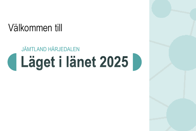 En illustration med texten Välkommen till Läget i länet 2025 och ett dekormönster med mintgröna cirklar och grå streck mot en turkos bakgrund. 