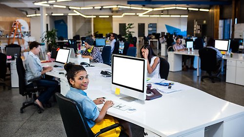 Personer som arbetar i ett kontorslandskap.