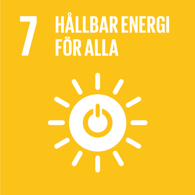 Bild på ikon för Mål 7 Hållbar energi för alla. Bilden visar en sol med en strömknapp i mitten.
