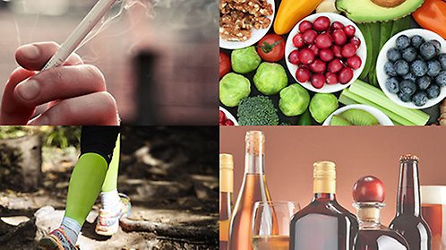 Fyra foton, cigarett, ben som går på en stig, spritflaskor och grönsaker