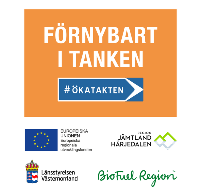 Logotyper för de som har koppling till projektet Förnybart i tanken. Det är Europeiska regionala utvecklingsfonden, Region Jämtland Härjedalen, Länsstyrelsen Västernorrland samt BioFuel Region.
